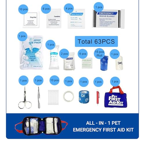 Pet First Aid Kit for Pets Dogs & Cats, 63 Piece Emergency Survival Bag for Home, Outdoor, Hiking, Travel, Camping, Emergencies - Thumbnail 2