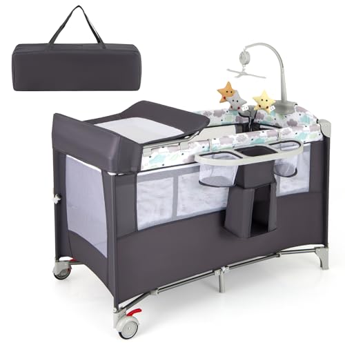 GOPLUS Cuna de Viaje para Bebé 5 en 1, Cuna Colecho Plegable con Cambiador de Pañales, Juguetes, Caja de Música, Colchón y Estante, Parque Bebe Portátil con Bolsa de Transporte (Gris)