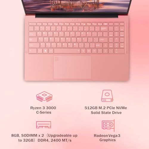 Image of Auusda 2026 Traditional Laptop Computer for Students & Work, 15.6 inch, 3250C Ryzen 3 Processor, WiFi 6, BT 5.3, Backlit Keyboard, Fingerprint, Dual USB Type-C, Win11 Pro, 8GB RAM, 512GB NVMe SSD, Pink