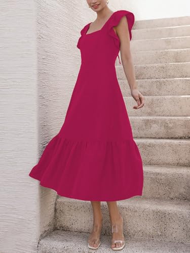 Image of Sugathari Girl's & Women's Solid Color Square Neck, Ruffle-Trimmed Hem Sleeveless, Ruffle Armhole and Casual Dress with Cinched Waist Vacation Outfits Woman (Dress 176)