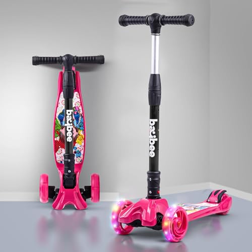 Image of Baybee Flash Kick Scooter for Kids | Smart Foldable 3 Wheel Kids Scooter with 4 Height Adjustable, LED PU Wheels & Brake | Skating Scooters Upto 75 Kg Capacity | Skate Scooters for Kid (Pink)