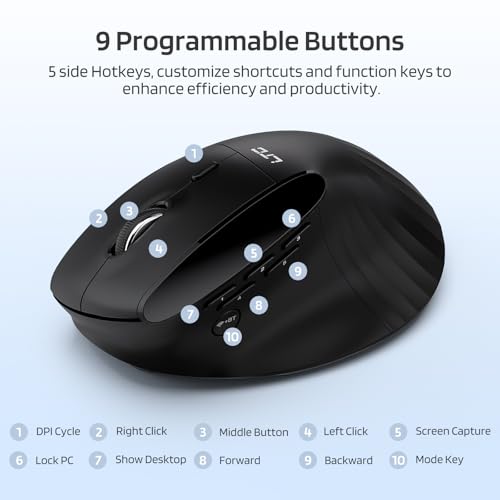 LTC GM051 Wireless Vertical Ergonomic Mouse – 8K DPI Optical, 9 Programmable Buttons (5 Side), Rechargeable 850mAh, Multi-Device Bluetooth/2.4G for Mac, PC, Laptop & Desktop – Black by LTC - Image 5