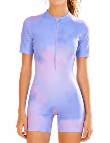 Image of Ewbob Girls One Piece Swimming Costume Kids Rash Guard Swimsuit Short Sleeve Professional Swimwear(005) Pink Purple 10-11