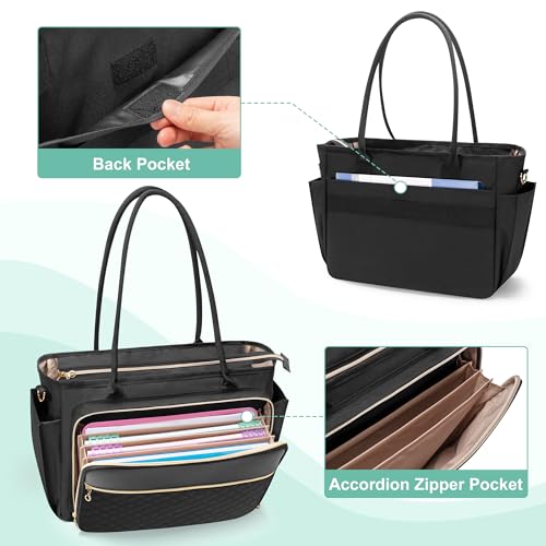 LUXJA Teacher Tote Bag with Accordion File Pocket, Teacher Bag for Women with 15.6 Inch Laptop Compartment, Black3