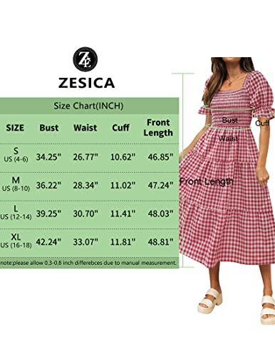 Image of ZESICA Women's 2026 Boho Summer Dresses Gingham Puff Sleeve Square Neck Flowy Beach Midi Dress