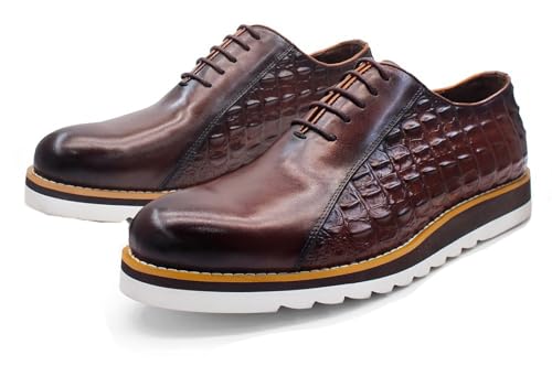 Santimon Men's Crocodile Leather Casual Dress Shoes - Lace-Up Oxfords Sneakers with White Sole for Comfort Business and Prom Wedding