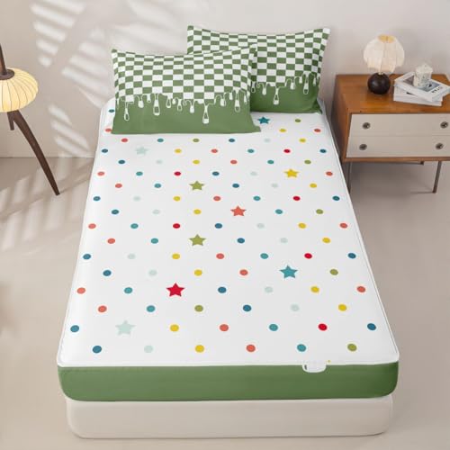 Image of Sage Green Checkered 3Pcs Zip Up Bedding Full Size,Checkerboard Drip Comforter Set with Fitted Sheet And 2 Pillowcases,Grunge Aesthetic Geometric Bed-in-a-Bag Set Zippered Bedspread,Machine Washable