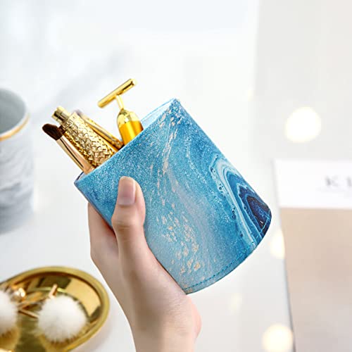 Image of Marble Pen Holder for Desk, Pencil Organizer Office Decor, Large Makeup Brush Holder Pu Leather Multi-Functional Organizer Cup for Office, Home, Classroom, Blue Marble