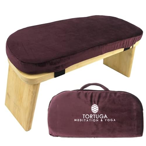 Tortuga – Banc de méditation – 100% Bambou Biologique – 46x18x15cm – Bordeaux – Pack Complet: Sac de Transport, Coussin Confortable – Tabouret de méditation Ergonomique Pliable – Améliore la Posture