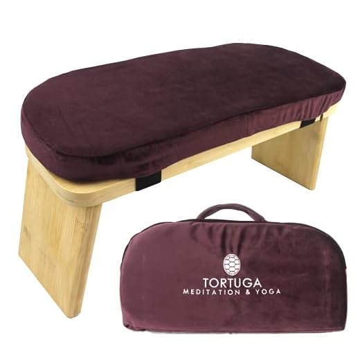 TORTUGA - Banco de Meditación Plegable y Ergonómico 100% de Bambú Orgánico, Sostenible y Resistente - Color GRANATE - Pack completo: Bolsa para transportar, cómodo cojín - Mejora Postura y Mindfulness