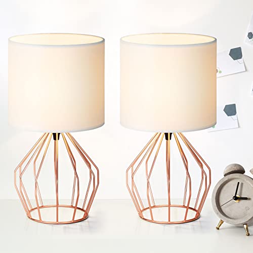 Smusei Modern Table Lamps Set Of 2 Elegant Desk Lamp With Rose Gold Hollowed Out Metal Base And White Linen Fabric Lampshade Bedside Nightstand Lamps For Living Room Bedroom Office Desk #TOP24