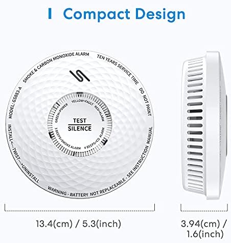 meross 10 Year Battery Smoke and Carbon Monoxide Alarm, LED Display Smoke CO Detector Complies with EN 14604 and EN 50291 Standards, Auto-Check, 85dB