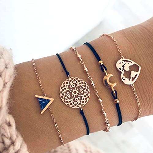 Bufenia 5er Set Boho Layered Moon Armbänder Set Herz Gold Perlen Armband Fashion Party Verstellbare Handkette für Frauen und Mädchen Cover