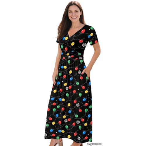 Image of Women's Fall Summer Short Sleeve Ankle Length V-Neck Party Dress with Pockets Size S-3XL