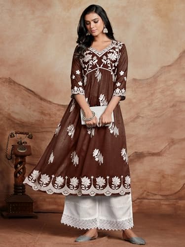 Image of EthnicJunction Women's Silk Blend Regular Fit Chikankari Embroidered Naira Cut Kurta