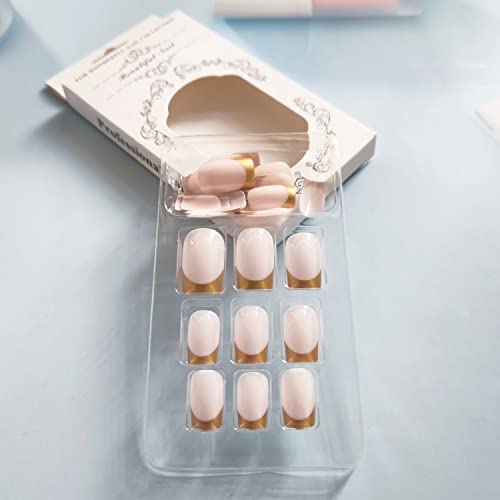 French Tip Press On Nails Short Square Nude Pink Fake Nails Acrylic False Nails Full Cover Nail Tips Gold Stick On Nails For Women And Girls 24Pcs #TOP3