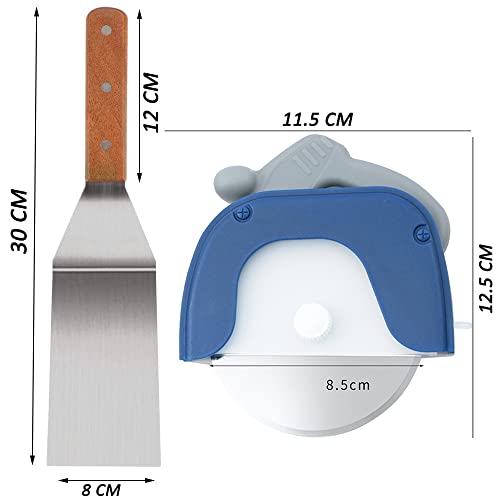 Image of P-Plus International Pizza Cutter and Serving Turner - Pizza Serving Turner - Pizza Cutter Tool - Pizza Spatula - Pizza Cutter Wheel (Set of 2, Pizza Cutter - Blue)