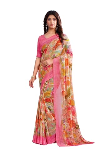 Image of Jaanvi fashion Women's Georgette Saree with Unstitched Blouse Piece