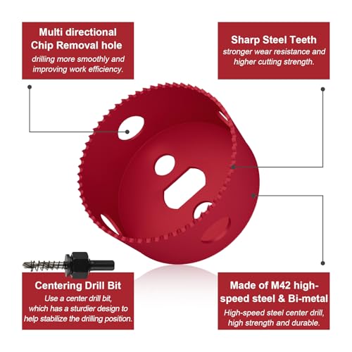 Image of 5-1 /2 Inch Hole Saw for Wood, 140mm HSS BI-Metal Hole Saw for Recessed Lighting, 35mm Cutting Depth Hole Cutter with Hex Shank Drill Bit Adapter for Cornhole Boards Plastic Drywall Fiberboard, Red