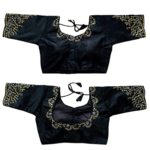 Image of Pujia Mills Women's Silk Embroidery Sequence Work Half Sleeve Readymade Blouse