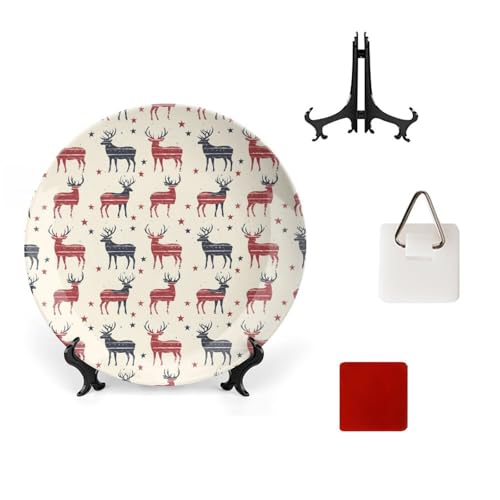 DULAHR Deer American Flag Bone China Decorative Plate Ceramic Decorative Plate Home Wall Decor with Vertical Stand Decorative Plates