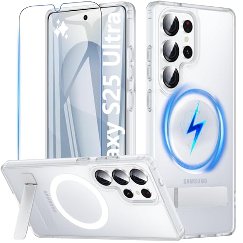 Coque Samsung S25 Ultra BESINPO blanc mat avec support magnétique et protection écran