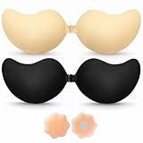 BLOOMORA Reggiseno Adesivo Push Up – Reggiseno Invisibile Senza Spalline e Schiena Scoperta, 2 Coppie Coppe in Silicone Adesive con Clip, Nero & Beige + Coppe Seno Riutilizzabili per Abiti - Coppa C
