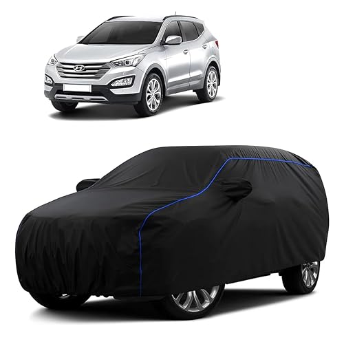 Image of Sulfar 100% Water Resistant Car Body Cover Compatible with Mirror for Hyundai Santafe (Triple Stitched, Full Bottom Elastic, Black Tafetta with Blue Piping)