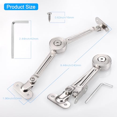 JIZZU 2Pcs Soft Close Lid Support Hinges with Screws & Hex Key, Satin Nickel Drop Down Hinges Support 40lb, Folding Lid Stay Hinges for Kitchen Door Cabinet Cupboard Wardrobe Toy Box Lift Up Stay