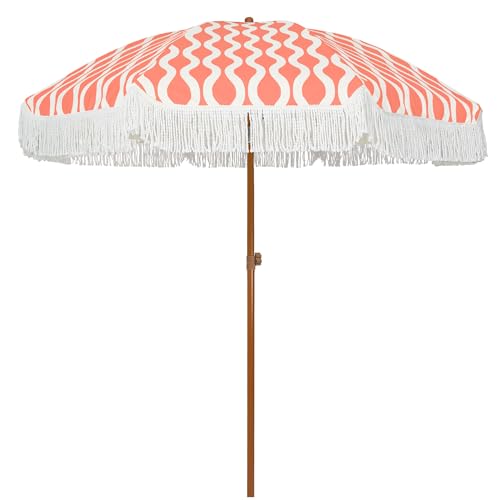 Image of AMMSUN 7ft Patio Umbrella with Fringe Outdoor Tassel Umbrella UPF50+ Premium Steel Pole and Ribs Push Button Tilt, Wave Pink Champagne