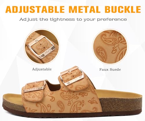 Image of ONCAI Womens Flat Slide Sandals with Arch Support 2 Strap Adjustable Buckle Slip on Slides Shoes Non Slip Rubber Sole