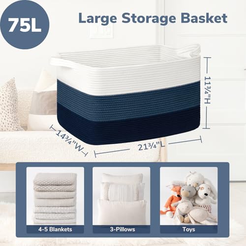 Goodpick Storaget Basket, 21.6" x 14.9" x 11.8", Toy Storage Baskets for Bedroom, Large Baskets for Organizing, Rectangle Woven Rope Basket for Blanket Storage, Blue