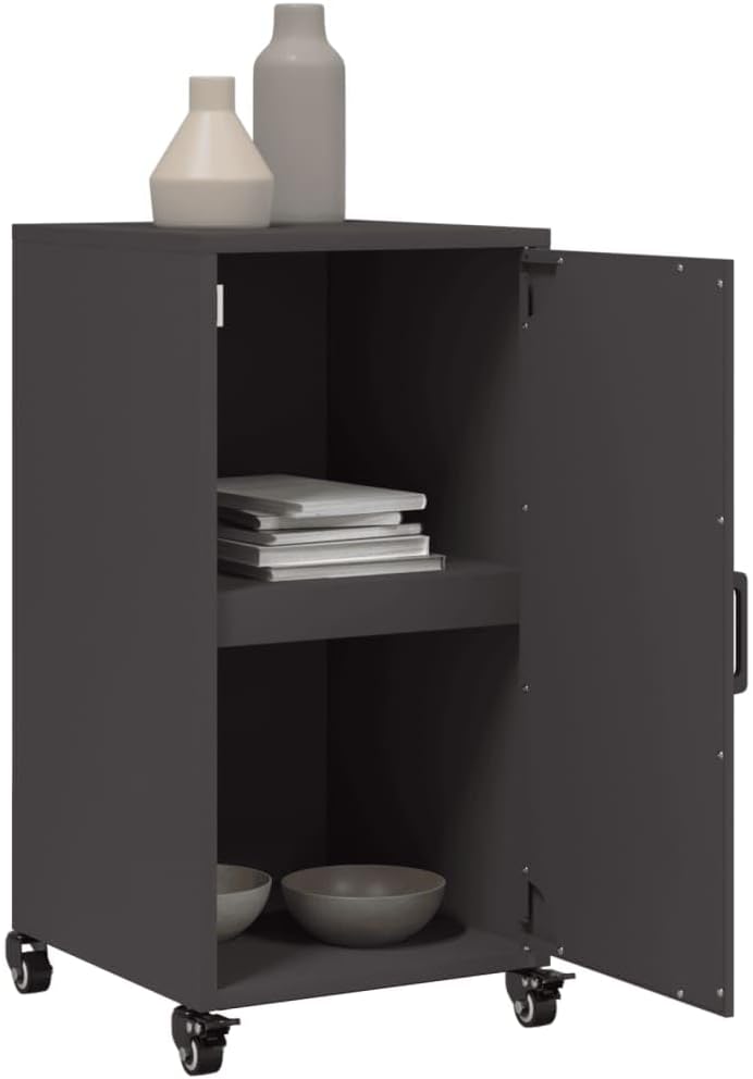 Modern Black Steel Sideboard with Sliding Doors and Wheels, Compact Rectangular Storage Cabinet for Living Room, Durable Powder-Coated Cold-Rolled Steel Furniture, 4 Wheels