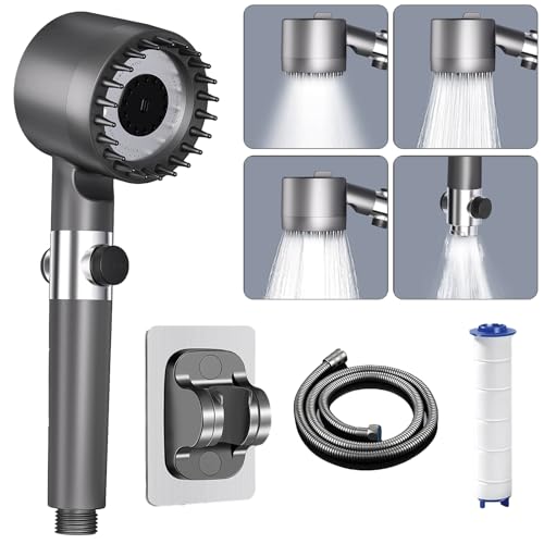 Pommeau de Douche Haute Pression, Pommeau Douche avec Filtre Anti Calcaire, avec Tuyau 1.5M et Support de Douche, Douchette Economie Deau 4 Types de Jets avec Bouton D'arrêt D'eau, Gris argenté