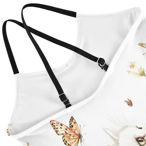 Pigsaly Girls One Piece Swimsuits Butterfly Daisy Flowers Watercolor White Cat Kids Cross Back Swimwear Bathing Suit 3T4