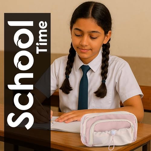 Image of Mrsdry Pencil Pouch for Girls - Multiple Compartment Zipper Pouch with Drawstring Pocket, Aesthetic Kawaii Pencil Case, Cute Pouches, Return Gift for Kids (Pink)