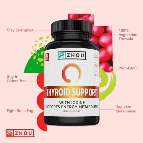 zhou thyroid support - thyroid supplement for women amp men with zinc iodine amp selenium metabolic health thyroid complex with ashwagandha kelp - 60 veggie capsules pack of 1