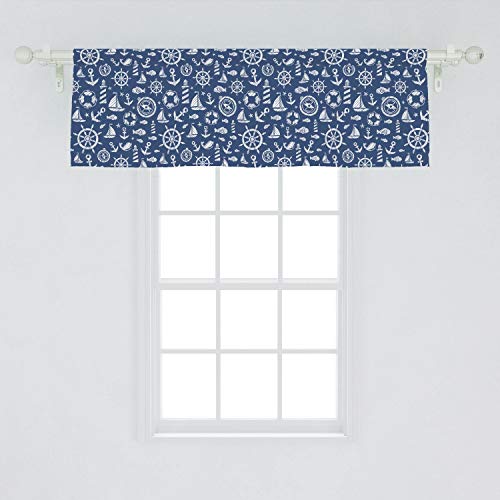 Ambesonne Sailboat Window Valance, Diagonal Hatched Nautical Elements Ship's Wheel Anchor And Marine Animals, Curtain Valance For Kitchen Bedroom Decor With Rod Pocket, 54" X 18", Blue White #TOP1