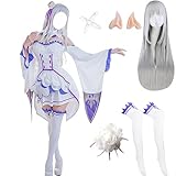 ETEBAS Emilia Cosplay Costume Dress Uniform Re Zero Anime With Wig Full Set Suit(S,Wig)