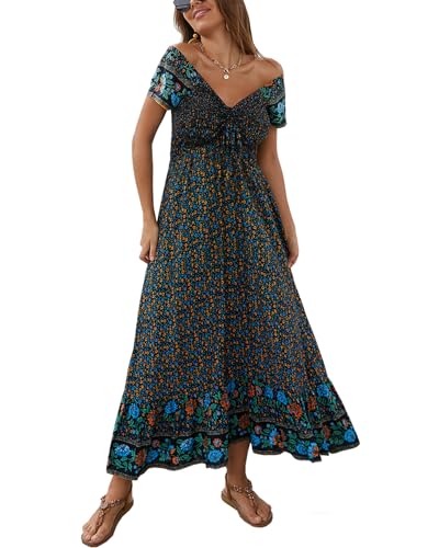 Image of Summer Smocked Boho Maxi Dress for Women 2026 Short Sleeve Floral Smocked Flowy Ruffled Beach Vacation Dresses Lightweight