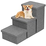 PJDDP Dog Stairs with Storage, Folding Pet Srairs,3 Step Dog Stairs,Portable Pet Storage Stepper for Cats & Small and Medium Dogs,Non-Slip Dog Steps for High Bed & Couch & Window Sill,Gray