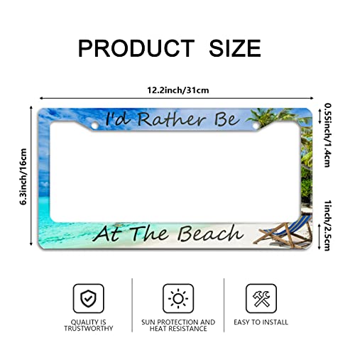 I'd Rather Be At The Beach Palm Tree License Plate Frame Car Universal Aluminum Car Tag Holder With 2 Holes And Screws For Women Men Auto Decoration For Usa Canada Vehicles Standard 12 X 6 Inch #TOP1