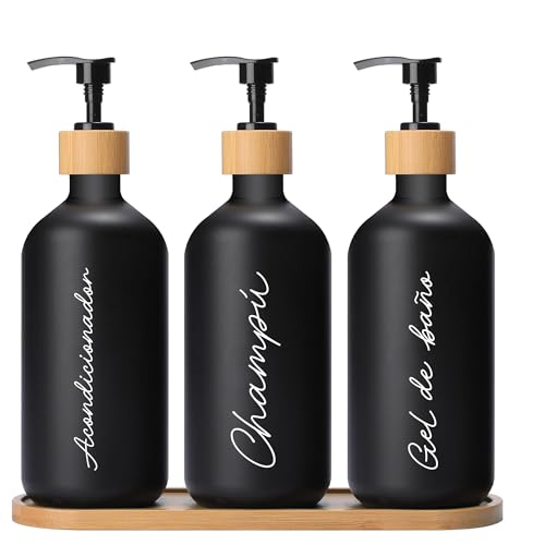 Dispensador De Jabón Baño Kivora – Set De 3 Botes para Gel Y Champú con Base De Bambú, Dosificador Jabón Baño 500 ml, Botes Baño Rellenables para Ducha Y Encimera.