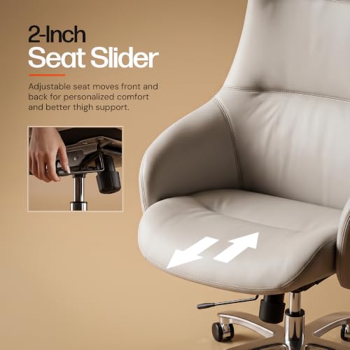 Image of DROGO Calista Ergonomic Office Chair for Work & Home with Premium Vegan Leather | Executive Boss Chair with 5 Cm Seat Depth Adjustment | 3-Point Tilt Recline Lock | Heavy Duty Metal Base (Beige)