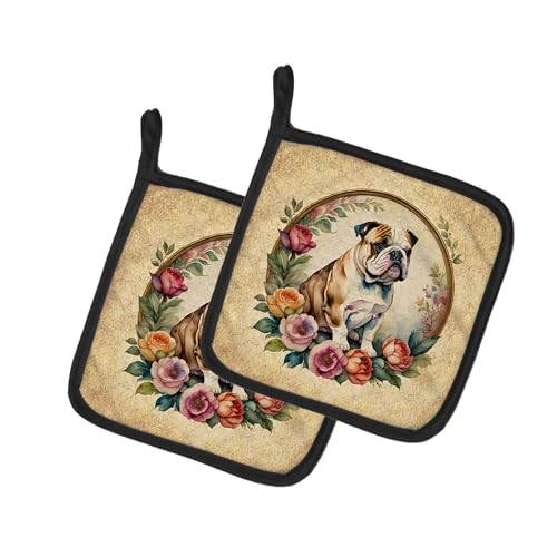 Caroline's Treasures English Bulldog and Flowers Pair of Pot Holders Kitchen Heat Resistant Pot Holders Sets Oven Hot Pads for Cooking Baking BBQ, 7 1/2 x 7 1/2