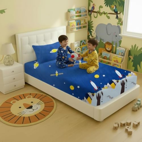 Image of Filymore Single Fitted Bedsheet with 1 Pillow Cover, Space Rocket Printed Bed Sheet for Single Bed, 240 TC Soft Microfiber Elastic Fitted Bedsheet, Mattress Size 72 x 36 Inch, Blue