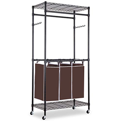 alvorog Wäschesortierer mit Rollen, strapazierfähiger Kleiderständer in handelsüblicher Qualität, Kleiderständer mit oberer und unterer Ablage und abnehmbaren Taschen für Waschküche, schwarz