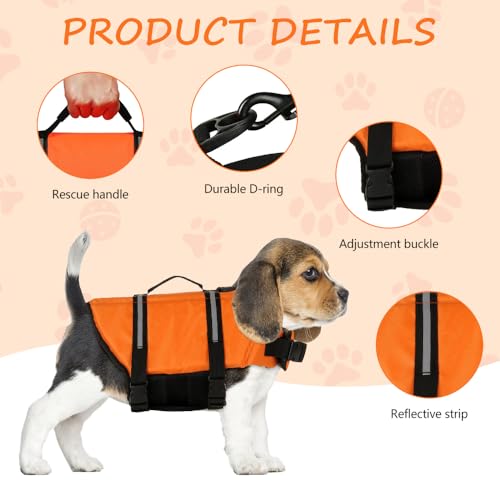 Satiskid Hunde Schwimmweste, Rettungsweste mit Auftrieb & Sicherheit für Kleine Hunde, XS, Mit Rettungsgriff & Reflektierenden Elementen für Wassersport und Strand (Orange)