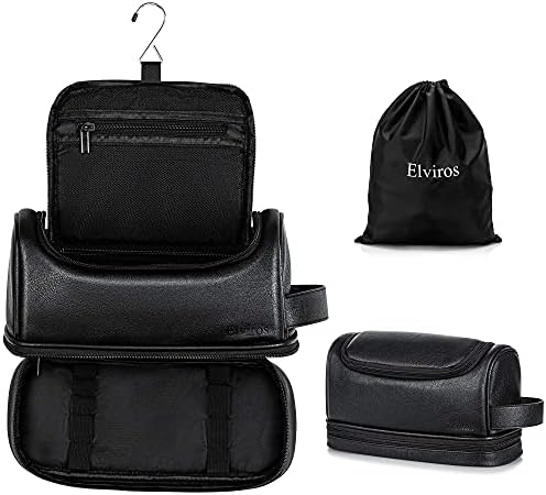 Elviros Water-Resistant PU Leather Toiletry Bag for Men Travel Wash Bag Shaving Dopp Kit Bathroom Gym Toiletries Makeup Organizer with Free Wet Dry Bag (Black-Medium)