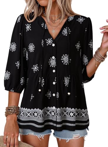 Dokotoo Womens Summer Tops Boho Floral Print 3/4 Length Sleeve Button Down V Neck Peplum Babydoll Elegant Casual Loose Blouses Shirts Tie Front Flowy Fashion Beach Vacation Clothes Black XX-Large